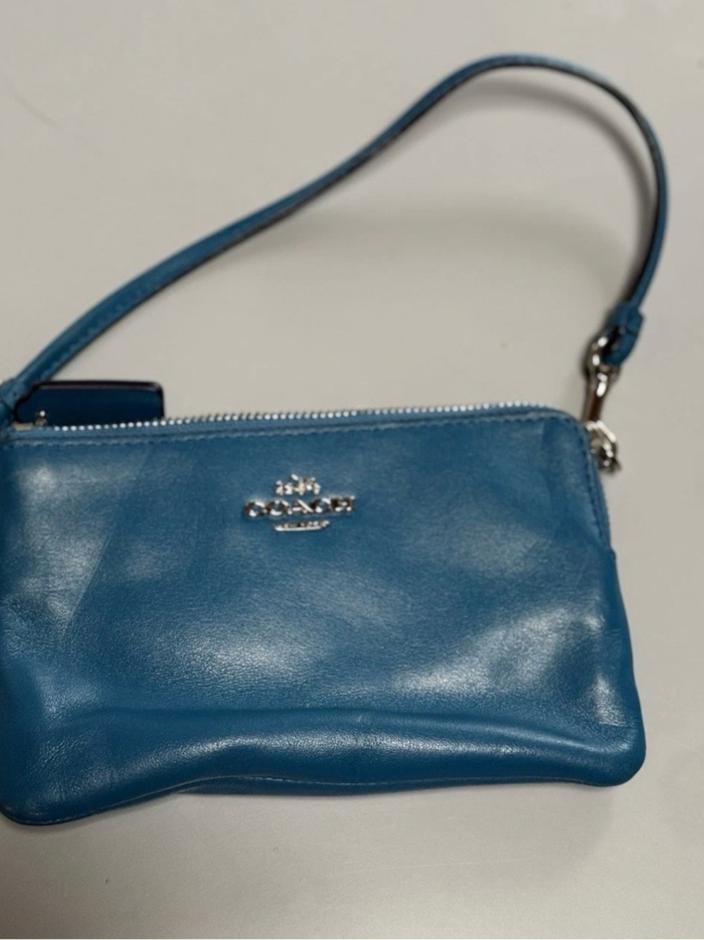 Coach Blue Leather Wristlet with Silver Hardware